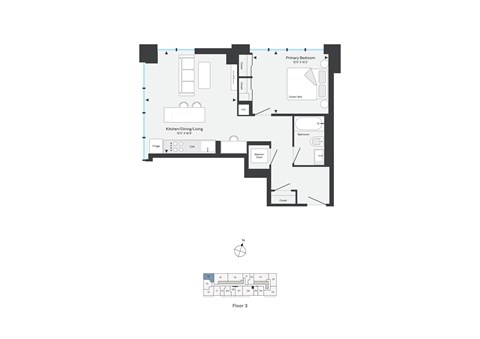 Floor plan for 1 bed, 1 bath, 666 sqft